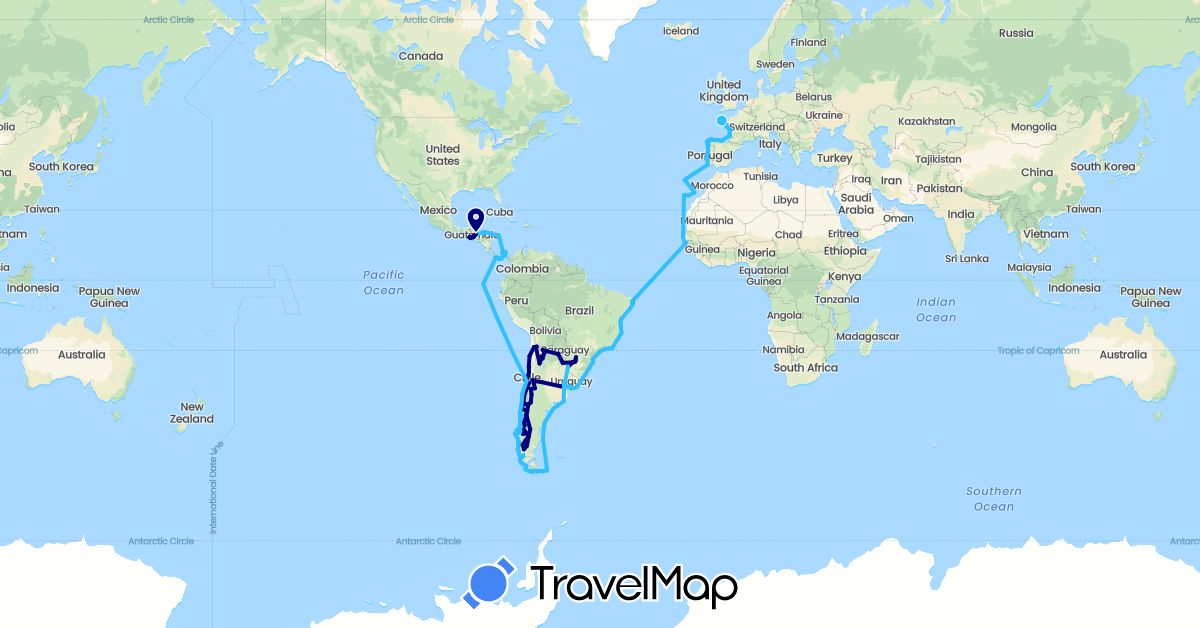 TravelMap itinerary: driving, bus, boat in Argentina, Brazil, Chile, Colombia, Ecuador, Spain, France, Guatemala, Honduras, Panama, Peru, Portugal, Senegal, Uruguay (Africa, Europe, North America, South America)